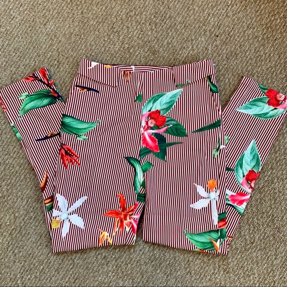 Red Striped Floral Stretch Skinny Pants Size 2 - Picture 1 of 5